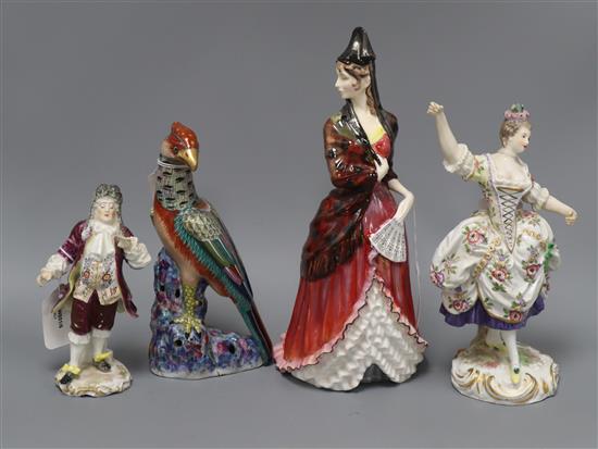 A Royal Doulton figure, Mantilla, two Continental porcelain figures and a decorative Chinese ceramic parrot (faults)